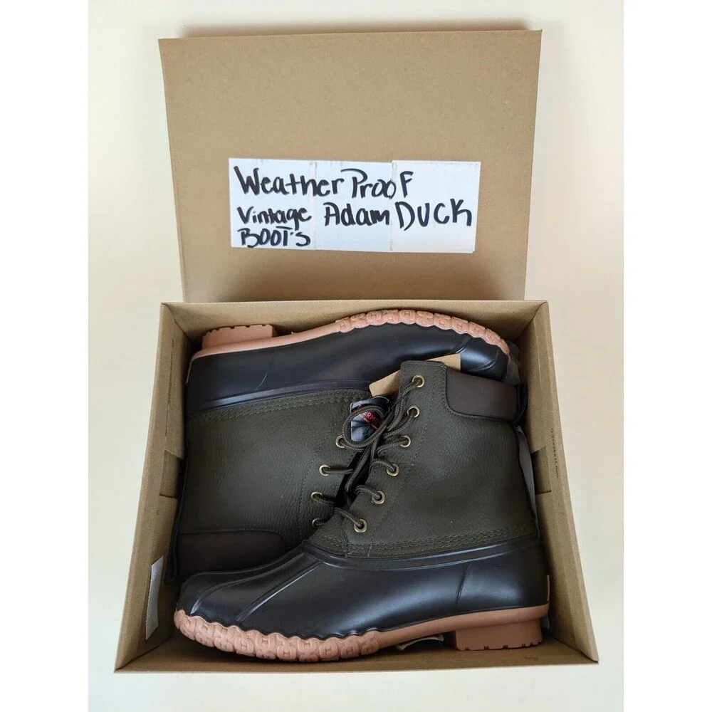 Weatherproof Vintage Adam II Duck Boot Mens 8 Green Brown Faux Leather Shoes NWB